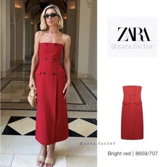NWT Zara ZW Collection Strapless Dress With Pockets Bright Red S 8659/707 New - Picture 3 of 11